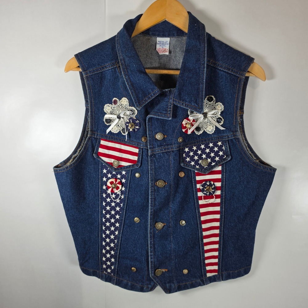 Vintage Watch LA Denim Vest Womens‎ XL Patriotic Americana Western Stars Stripes
